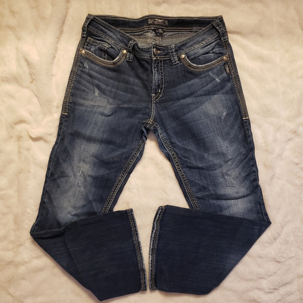 Silver women's distressed boot cut mid rise jeans sz14/L30